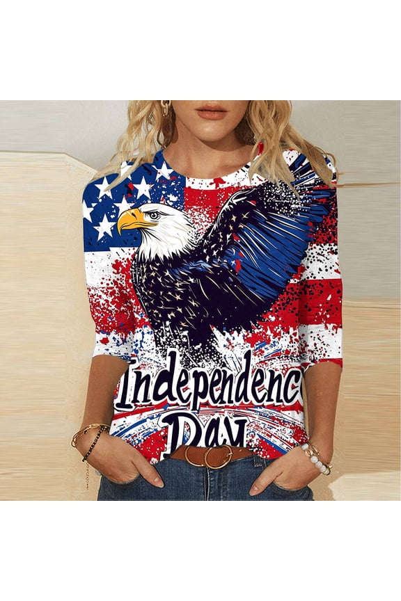 Women's 3/4 Sleeve Round Neck Pullover Top - Independence Day Print Casual T-Shirt, Short Sleeve Tops for Women, Business Casual Tops
