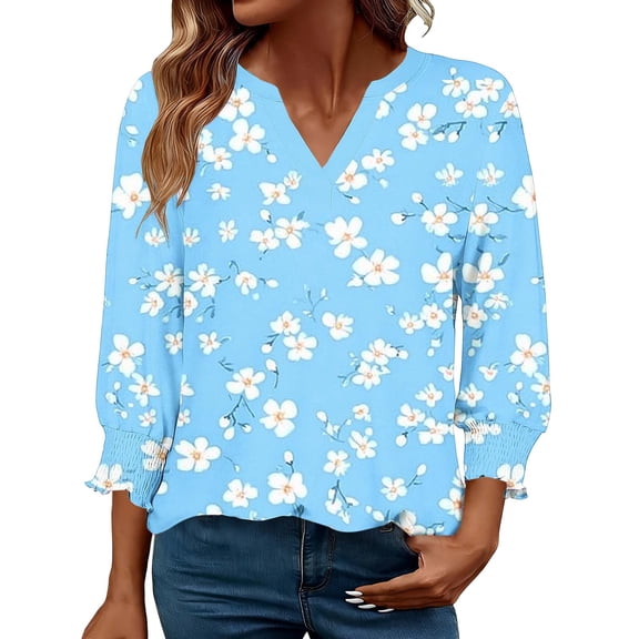 Xuyuer Women's 3/4 Sleeve Tops Loose Fit Dressy Casual T Shirts for Women Basic Tees Blouses with Smocked Cuffs Casual Womens Tops Trendy Summer Spring Shirts S-2XL Tops 2026