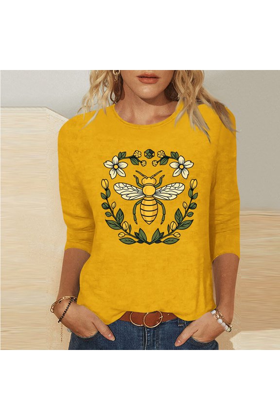 Women's Bee Print Loose Casual Round Neck 3/4 Sleeve T-Shirt Top - Relaxed Graphic Tee with Nature Motif for Everyday Wear