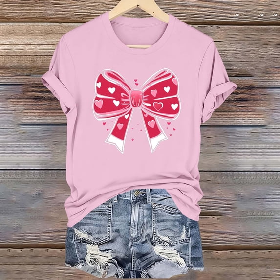 Xuyuer Women's Bow Fashion Casual Printed Round Neck Short Sleeved T-shirt Top