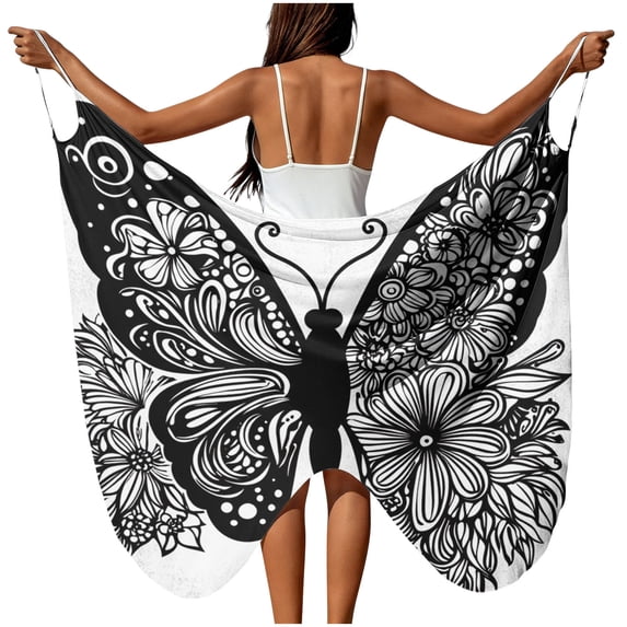 Xuyuer Women's Butterfly Swimsuit Cover Up Chiffon Sheer Mesh Beachwear Spaghetti Strap Wrap Dress Bathing Suit Sarong