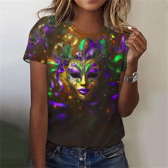 Xuyuer Women's Carnival Printed Short Sleeve Round Neck Top