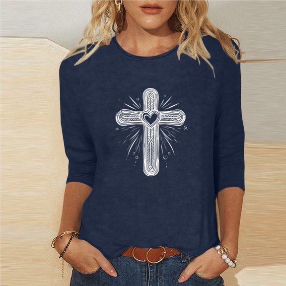 Xuyuer Women's Casual 3/4 Sleeve T-Shirts Round Neck Cute Tunic Tops Basic Tees Blouses Loose Fit Pullover