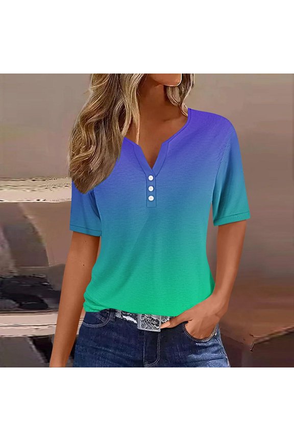 Women's Casual Gradient Color Short Sleeve V-Neck Top - Modern Color Transition Shirt for Trendy Street Style and Daily Fashion