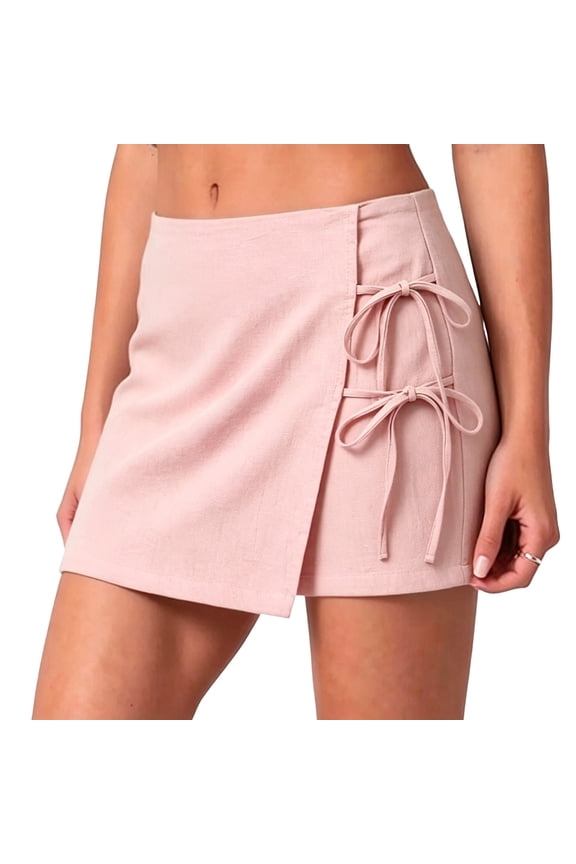 Women's Casual Linen Front Wrap Mini Skirt Shorts Summer Beach Wear Casual Shorts for Women Breathable Soft Lightweight