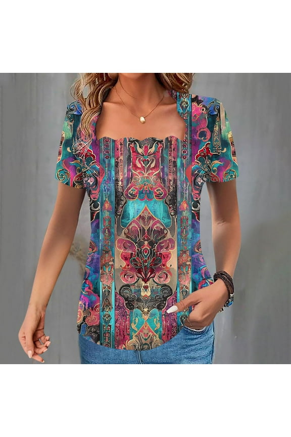 Women's Casual Patterned Square Neck Short Sleeve Tee with Ruffle Edge - Lightweight Top with All-Over Print for Daily Comfort