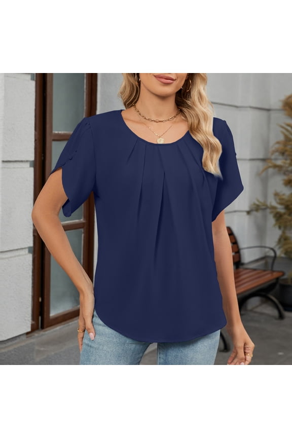 Women's Casual Solid Color Summer Round Neck Short Sleeve Blouse, Breathable Polyester Top for Beach Vacations, Weekend Outings and Relaxed Everyday Style