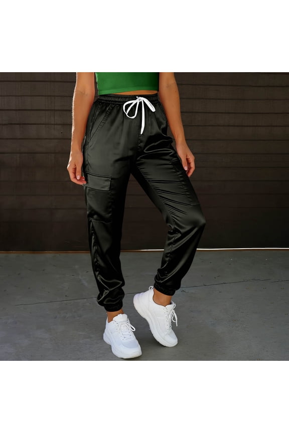 Women's Casual Solid Satin Elastic Waist Drawstring Cargo Jogger Pants - Stylish Utility Pants with Cuffed Hem for Everyday Wear