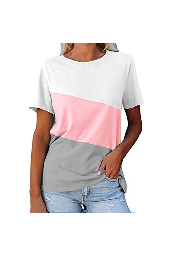 Women's Color Block Tops Short Sleeve Crew Neck T Shirts Summer Casual Tees Womens Color Block Short Sleeve Tops Casual T-Shirt Striped Tunic Tops - Womens Tee Tshirt Blouses