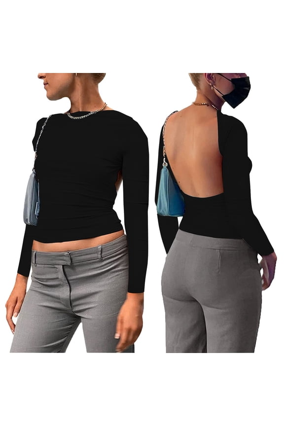 Women's Cut-Out Back Top Tight Fit Long Sleeve Crop High Neck Solid Color Fasion Girl Top - Body-Hugging Style with Revealing Details for Night Out Wear
