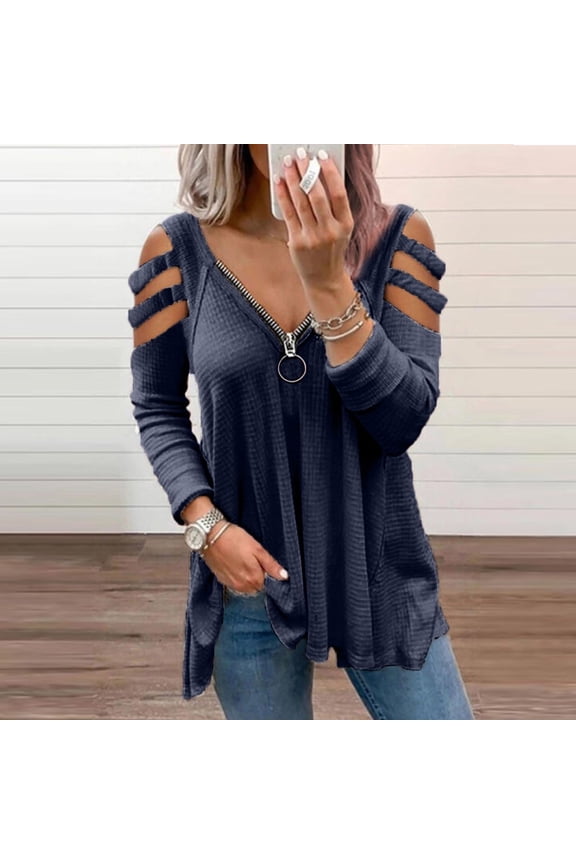 Women's Cut Out Off Shoulder Zip Up Waffle Texture Top Soft Breathable Summer Daily Wear