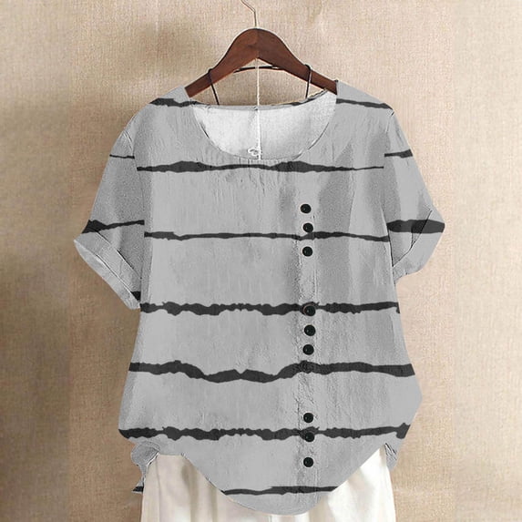 Xuyuer Women's Fashion Casual Random Stripe Print Short Sleeve Linen-Like Button T-Shirt Top - Cute Blouse, Short Sleeve Tops for Women, Business Casual Tops, Summer Tops