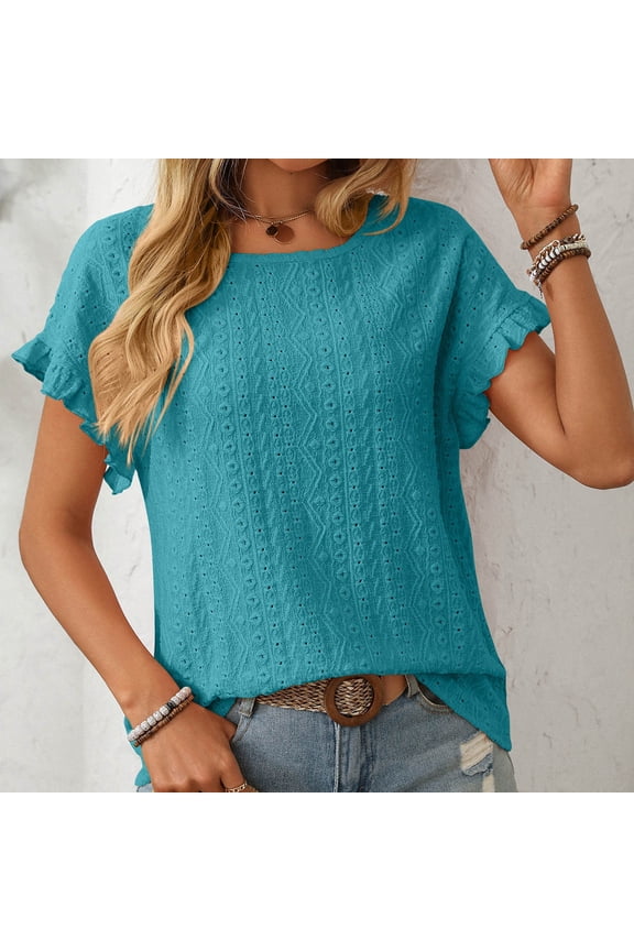 Women's Fashion Casual Spring Summer New Solid Round Neck Short Sleeve Cut-Out T-Shirt Top - Relaxed Tee with Sheer Detail for Everyday Style