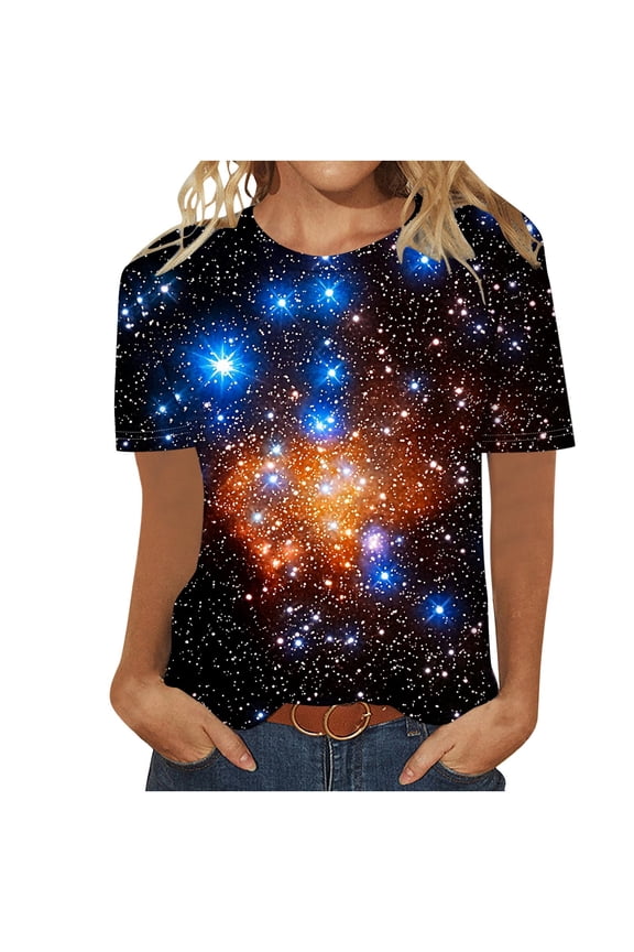 Women's Fashion Loose Casual Random Star Print Round Neck Short Sleeve T-Shirt Top - Relaxed Graphic Tee with Artistic Space Print