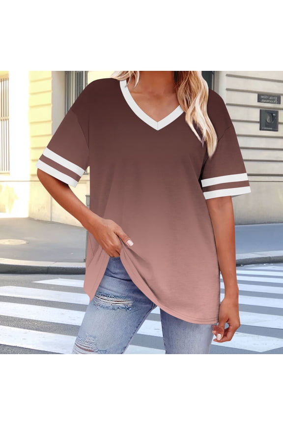 Women's Fashion Loose Fit Casual Plus Size V Neck Short Sleeve Gradient Print Summer Undershirt T Shirt Top Soft Breathable Lightweight Daily Wear Blouse