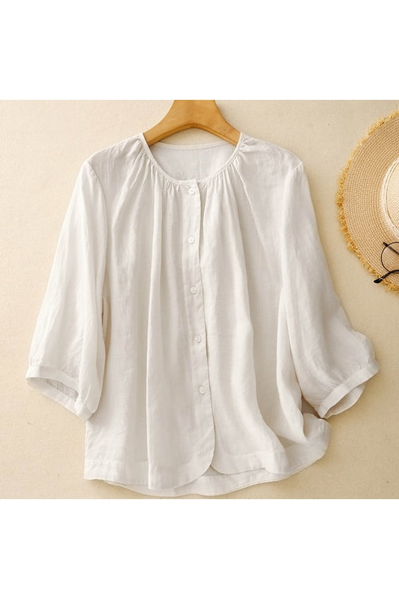 Women's Fashion Round Neck Button Linen Solid 3/4 Sleeve Loose Casual Shirt - Classic Relaxed Top for Summer Smart Casual Style and Everyday Wear