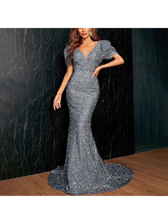 Women's Fashion V-Neck Bodycon Sequin Mid-Waist Lantern Sleeve Long Evening Gown - Glittery Maxi Dress