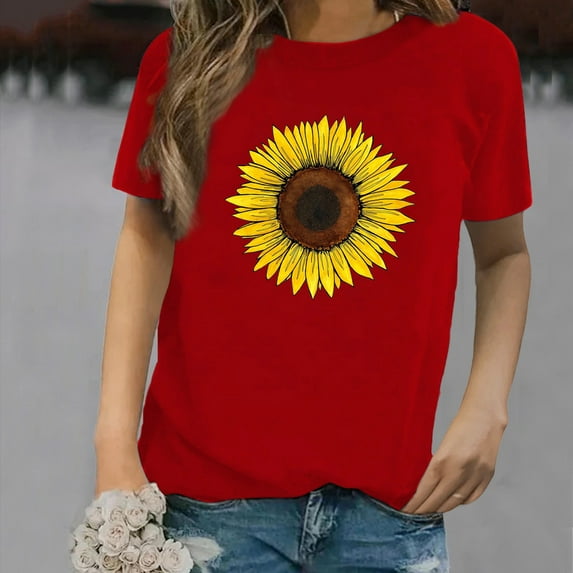 Xuyuer Women's Floral Graphic Loose Tees Sunflower Graphic Short Sleeve Boho Casual Tops Graphic Round Neck Shirt for Women Boho Wildflowers Tee Casual Cottagecore Summer T-Shirt Blouse