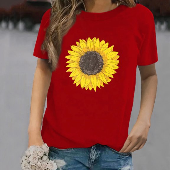 Xuyuer Women's Floral T-Shirts Graphic Loose Tees Sunflower Graphic Summer Short Sleeve Boho Casual Tops Women Cute Sunflower Graphic Tee Shirts Summer Vintage Short Sleeve Holiday T Shirt