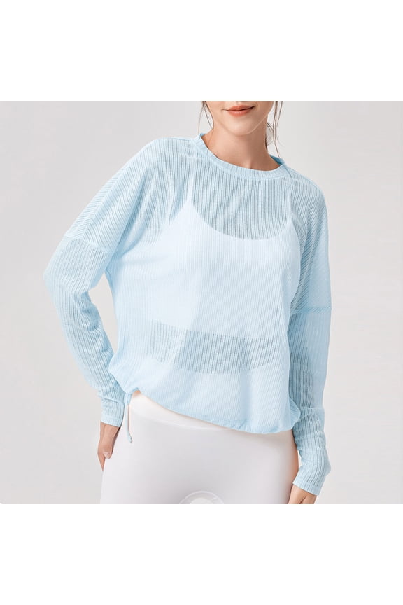 Women's Four Seasons Long Sleeve Sheer Workout Top Yoga Coverups Breathable Athletic Soft Comfy Loose Sprots Exercise Solid Color Tee Shirt