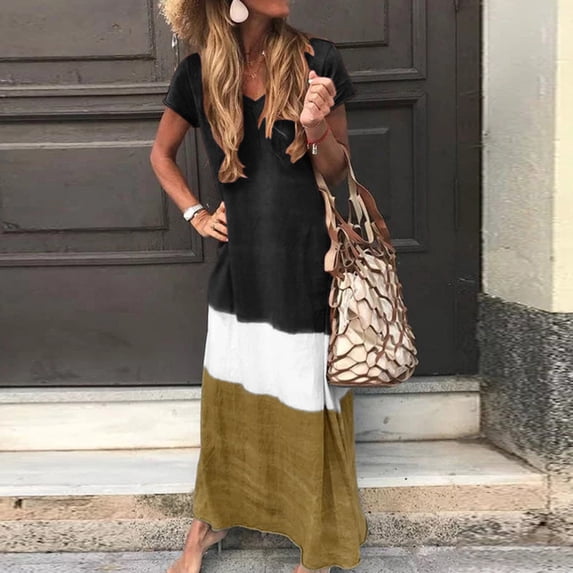Xuyuer Women's Gradient Color Block Short Sleeve V-Neck Dress - Casual Midi Dress with Modern Detail