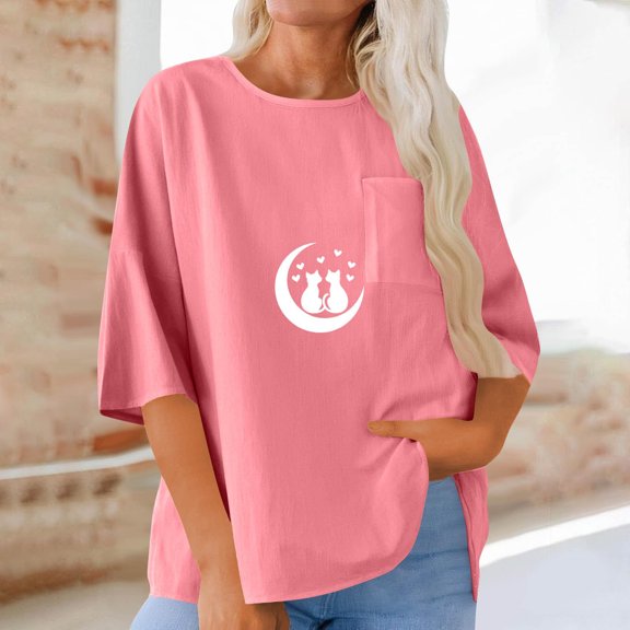 Xuyuer Women's Imitation Linen 3/4 Sleeve Blouse Crew Neck Summer Casual Tops Loose Fit Plus Size Tops Loose T Shirts Tunic Tops Shirts for Women Oversized Pocket T-shirt Fashionable Top