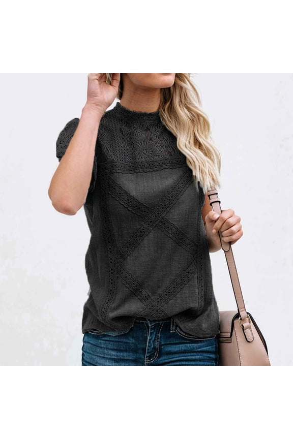 Women’s Lace Flared Patchwork Short Sleeve Blouse Lace Poplin Ruffle Mesh Crew Neck Swing Tops Elegant Loose Shirts Y2K Ruffle Peplum Shirt Cute Floral Shirt Blouse