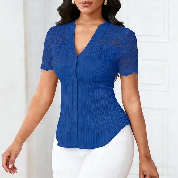 Xuyuer Women's Lace Patchwork Short Sleeve Blouse, Button V-Neck Casual Fashion Top Solid Color Shirt