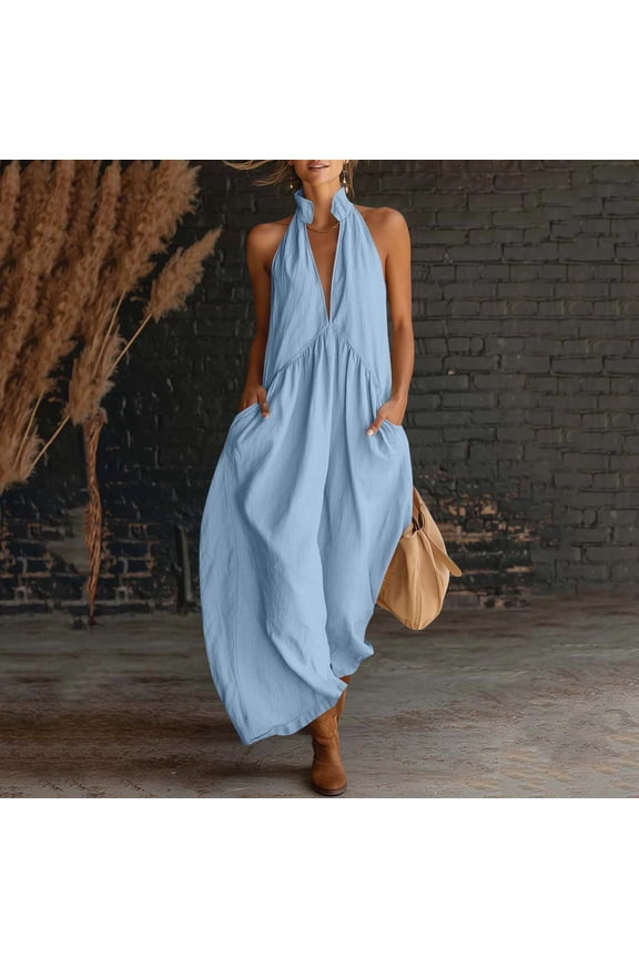 Women's Linen Halter Pocket Pleated Backless Long Dress - Flowy Tank Maxi Dress for Beach and Vacation, Pants for Women