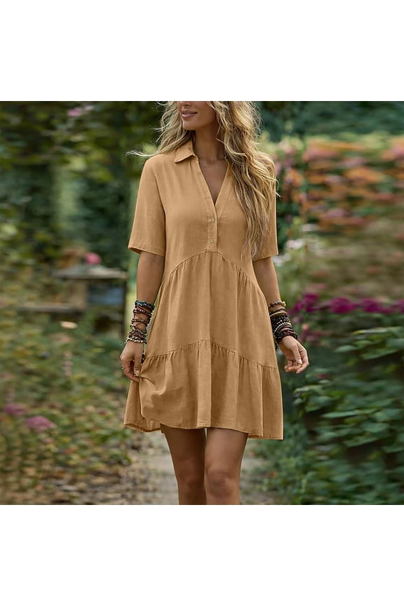 Women's Linen Lapel Short Sleeve Short Button Dress - Casual Mini Dress for Everyday Style, Pants for Women