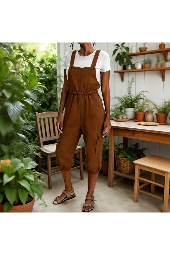 Women's Linen-Like Pocket Strap Cargo Jumpsuit - 5" Length Romper, Pants for Women