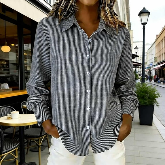 Xuyuer Women's Long Sleeve Shirt 2026 - Spring Summer Business Casual Blouse with Stripe & Linen Look, Henley V-Neck Tops for Office, Dressy Work Outfits & Everyday Wear