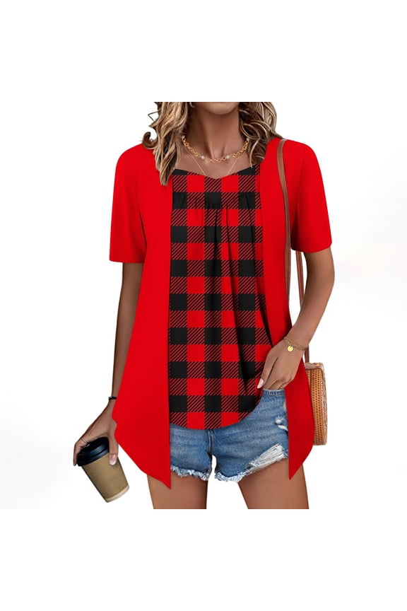 Women's Plaid Flat Collar Long Hem Two-Tone Short Sleeve Top - Casual Layered Blouse with Extended Back for Everyday Comfort