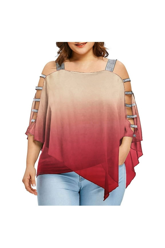 Women's Plus Size Casual One Shoulder Trim Ruched Asymmetrical Hem Tee Shirt Tops Fashion Plus Size Ladder Cut Overlay Asymmetric Blouse Strapless Tops