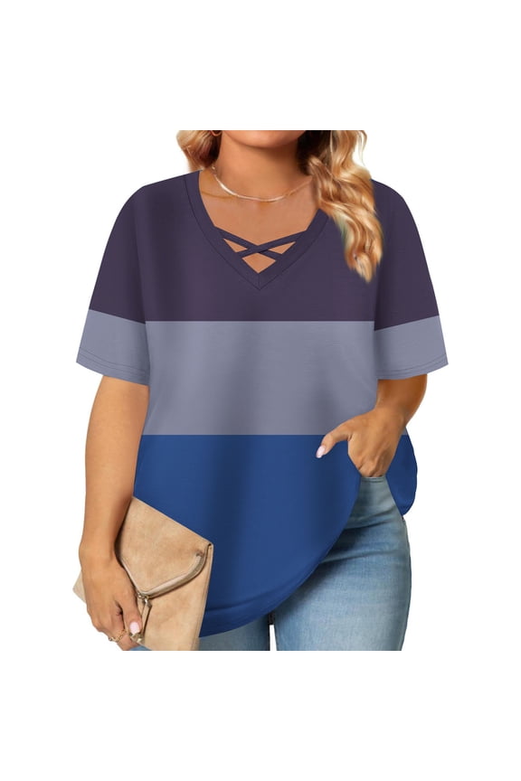 Women's Plus Size Dip-Dye V-Neck Crossover Short Sleeve Tee - Relaxed Fit Top with Flattering Neckline for Daily Wear