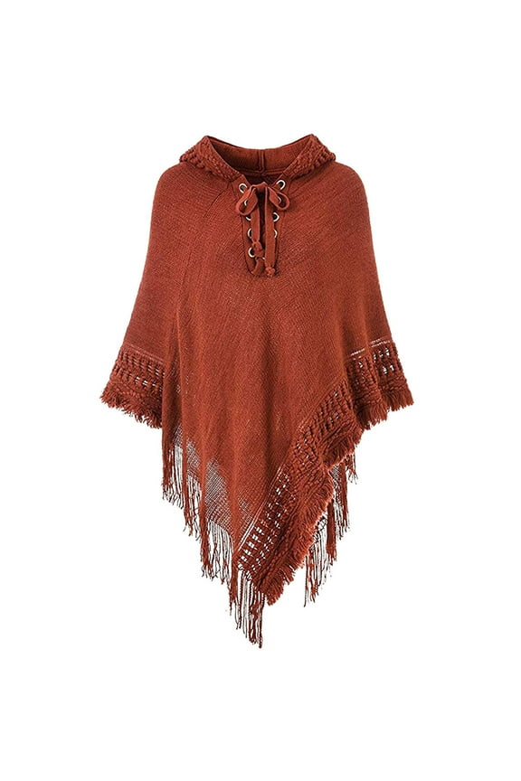 Women's Plus Size Fringe Cape Knit Hooded Tunic - Bohemian Style Cover-Up for Layered Casual Outfits and Statement Fashion