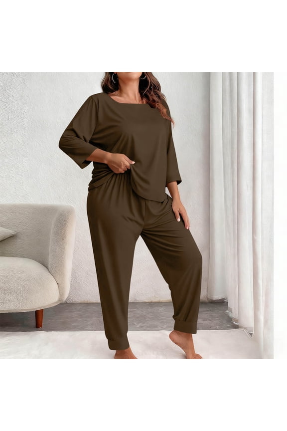 Women's Plus Size Solid 3/4 Sleeve Pants Loungewear Pajama Set - Cozy Two-Piece Sleepwear for Home Relaxation and Comfort