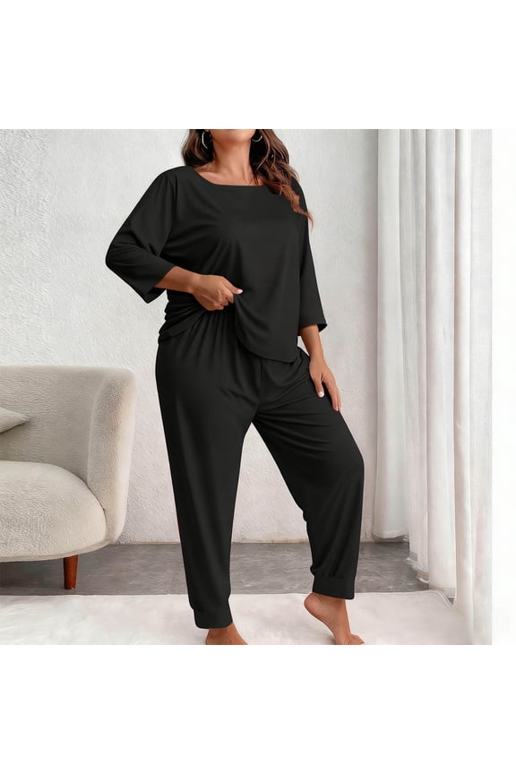 Women's Plus Size Solid 3/4 Sleeve Pants Loungewear Pajama Set - Cozy Two-Piece Sleepwear for Home Relaxation and Comfort