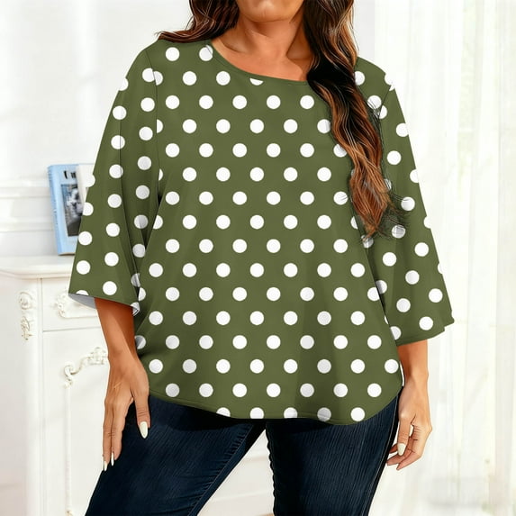 Xuyuer Women's Plus Size Tops Spring Summer Crew Neck Long Sleeve Dots Tshirts Shirts Casual 2026 Fashion Loose Fit Basic Clothes Outfits