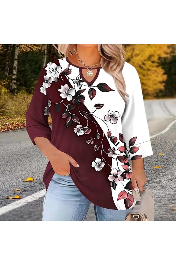 Women's Plus Size Tops and Blouses 3/4 Length Sleeve Womens Tops Hollow Out Crewneck Spring Shirts Summer 2026 (1X-5X)