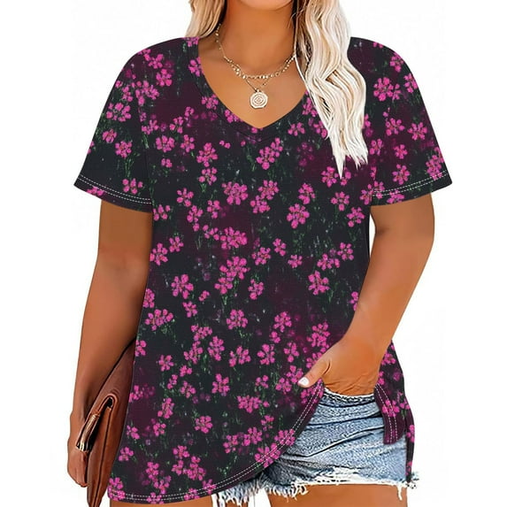 Xuyuer Women's Plus Size V-Neck Solid Color Printed Short Sleeve Base Layer Top - Soft and breathable for summer layering, casual wear, and versatile outfits