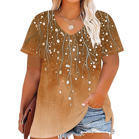 Xuyuer Women's Plus Size V-Neck Solid Color Printed Short Sleeve Summer Base T-Shirt - Soft and breathable for summer layering, casual outfits, and versatile wear