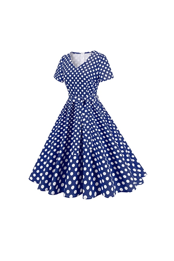 Women's Polka Dot Fashion Strap Slimming Vintage Flared Dress - Relaxed Mini Dress with Classic Pattern
