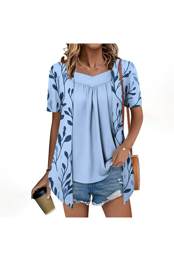 Women's Print Flat Collar Long Hem Two-Tone Short Sleeve Top - Casual Layered Blouse with Extended Back for Everyday Wear