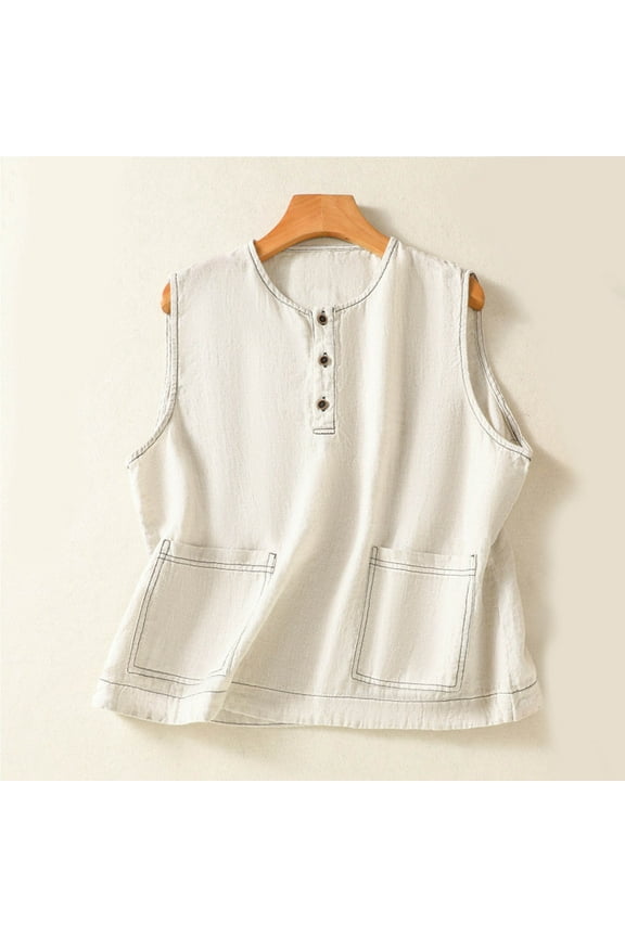 Women's Retro Solid Color Button Pocket Linen Sleeveless Round Neck Vest&nbsp;- Casual Layering Piece with Vintage Charm for Summer Boho Style