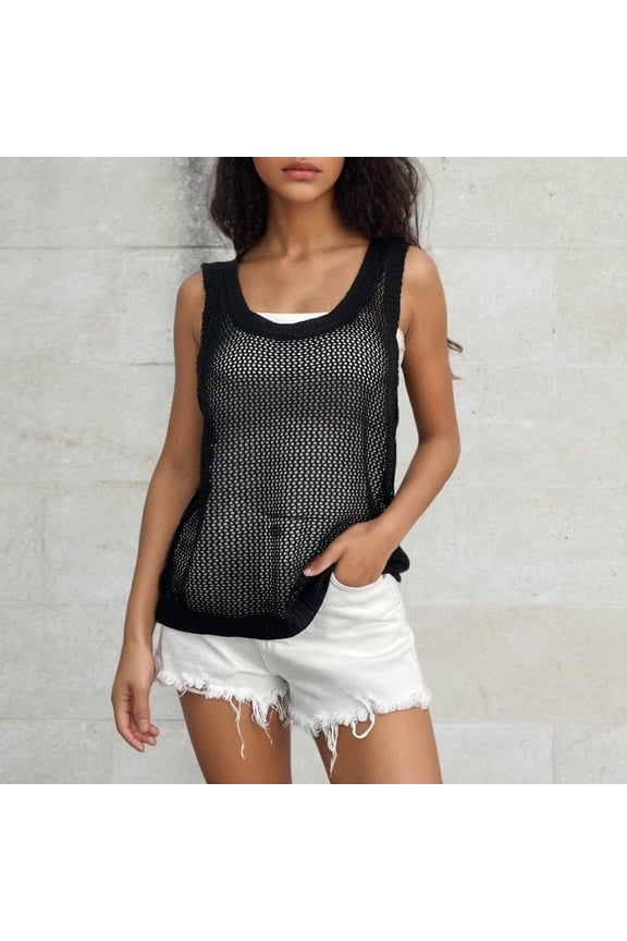 Women's Round Neck Cut-Out Tie Knit Beach Cover-Up - Short Sleeve Loose Casual Tank Top for Summer