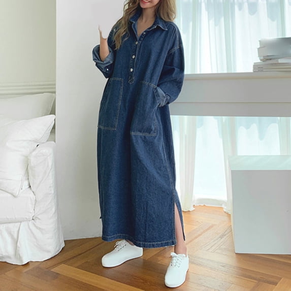 Xuyuer Women's Round Neck Loose Denim Dress - Casual Jean Midi Dress for Everyday Style