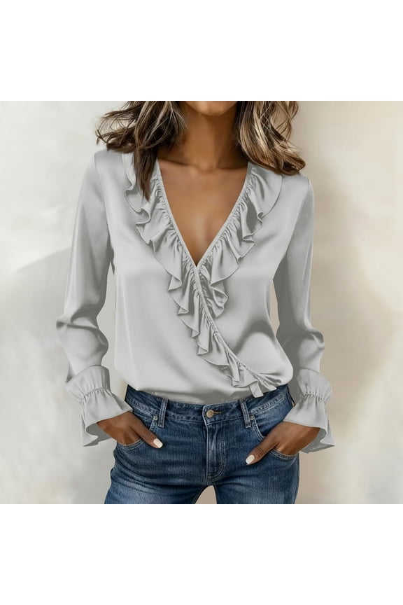 Women's Ruffle V Neck Flounce Long Sleeve Elegant Dressy Business Work Blouse Shirt Top