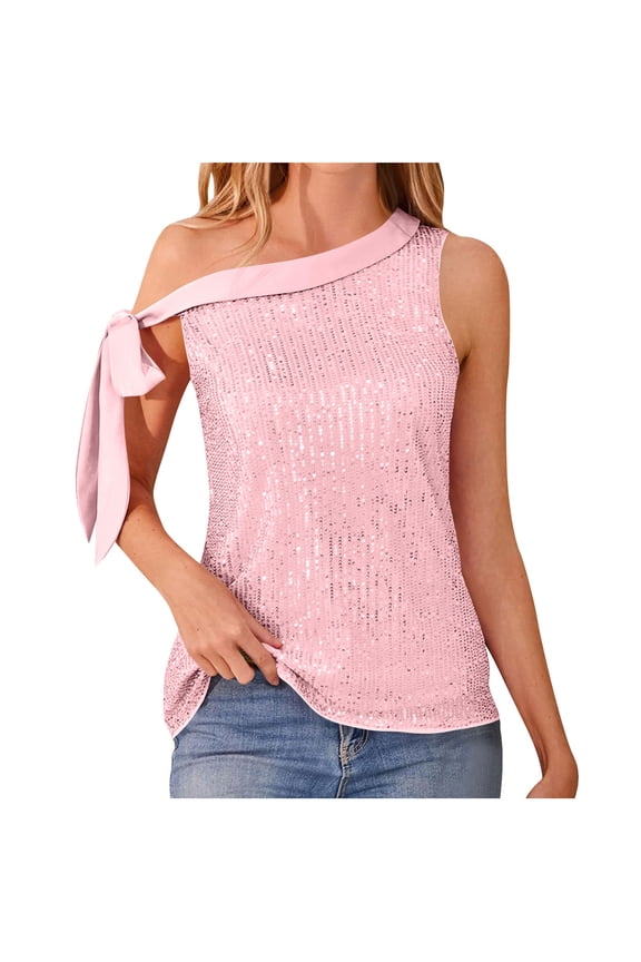Women's Sequin Camisole Party Tie Off Shoulder Slip Tank Top for Daily Wear in Soft Sparkly Fabric for Beach Party