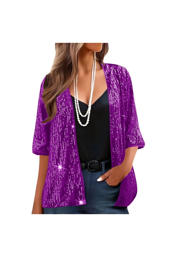 Women's Sequin Cardigan Casual 3/4 Sleeve Shinny Coat Open Front Sparkle Outwear Party Evening Glitter Cardigans 2026 Long Sleeve Party Concert Outfits Halloween Sparkly Jacket